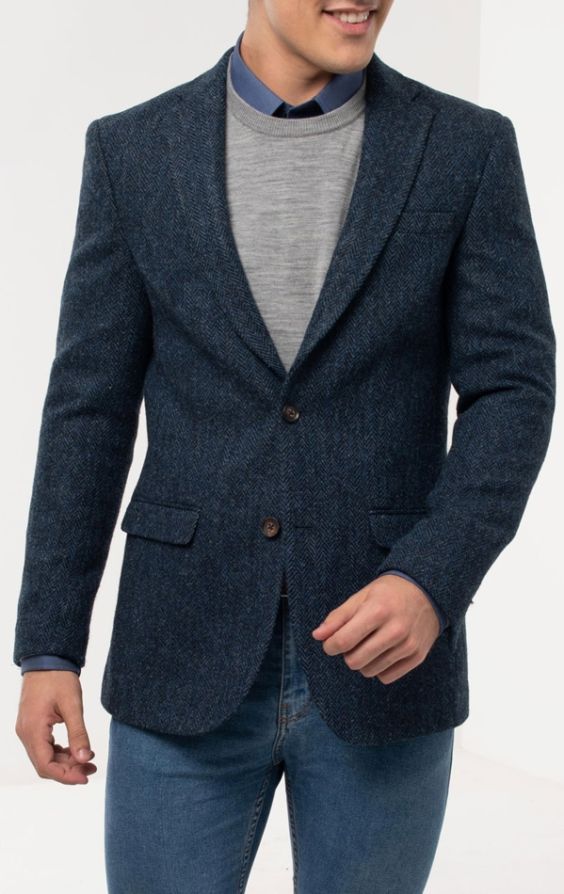 Harris Tweed of Scotland Blue Herringbone Tweed Jacket | Dobell
