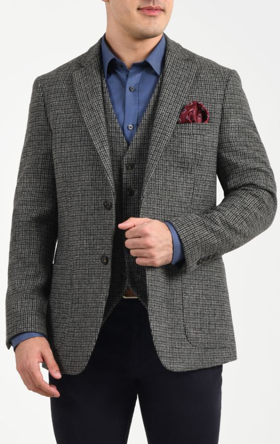 Dobell Grey & Black Wool Blend Tweed Jacket