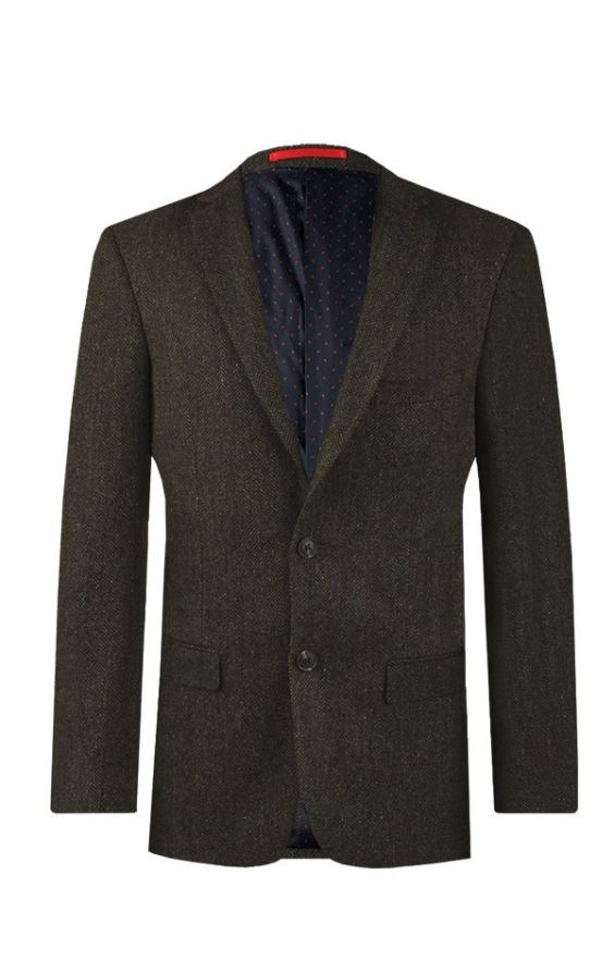 Dobell Dark Green Herringbone Tweed Tailored Fit Jacket | Dobell