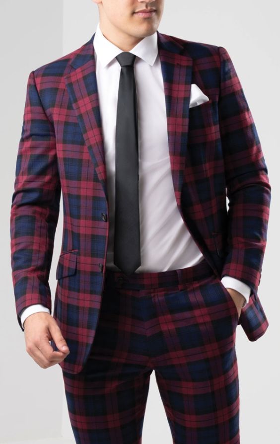 Dobell Burgundy Tartan Slim Fit Suit Jacket | Dobell