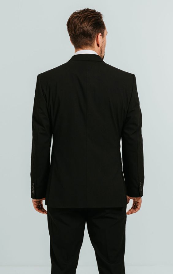 Dobell Black Double Breasted 3 Piece Suit with Peak Lapel