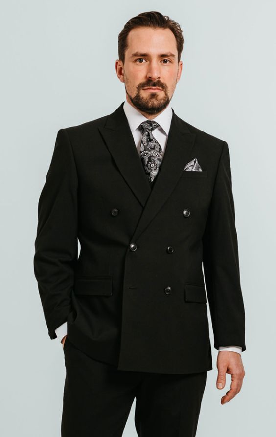 Dobell Black Double Breasted Suit Jacket with Peak Lapel