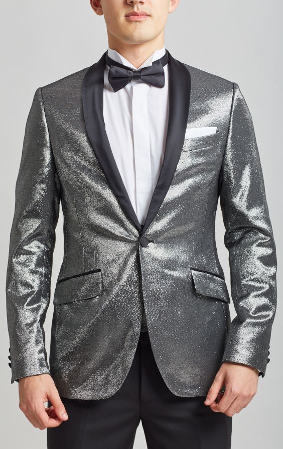 Dobell Silver Glitter Slim Fit Tuxedo Jacket with Contrast Shawl Lapel ...