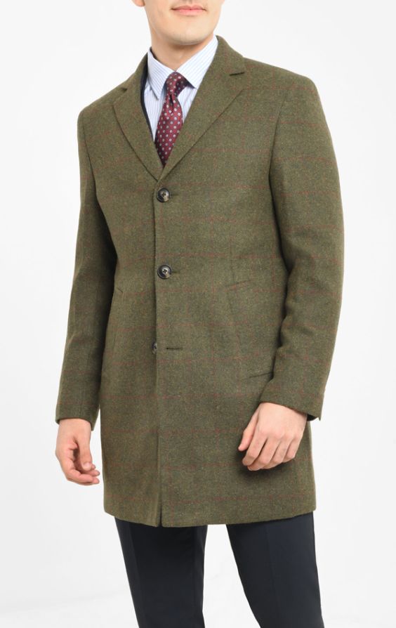 Dobell Green Windowpane Check Tweed Overcoat | Dobell