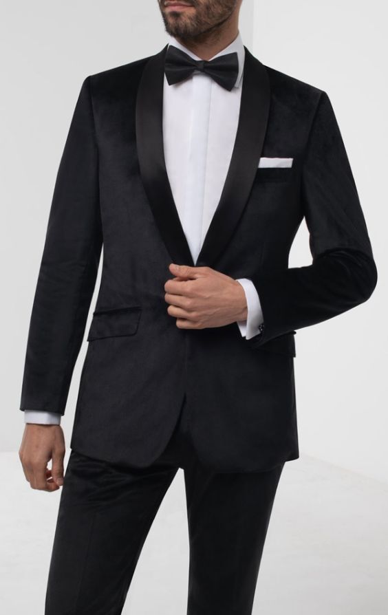 Black velvet slim fit shawl collar tuxedo blazer with black pants