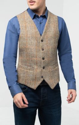 Men's Classic Scottish Harris Tweed Brown Waistcoat for 