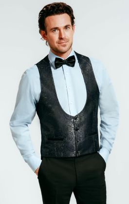 Premium Black 100% Wool Backless Tuxedo Vest / 2XL FIT ALL (50-60) W WOOL  BOW TIE