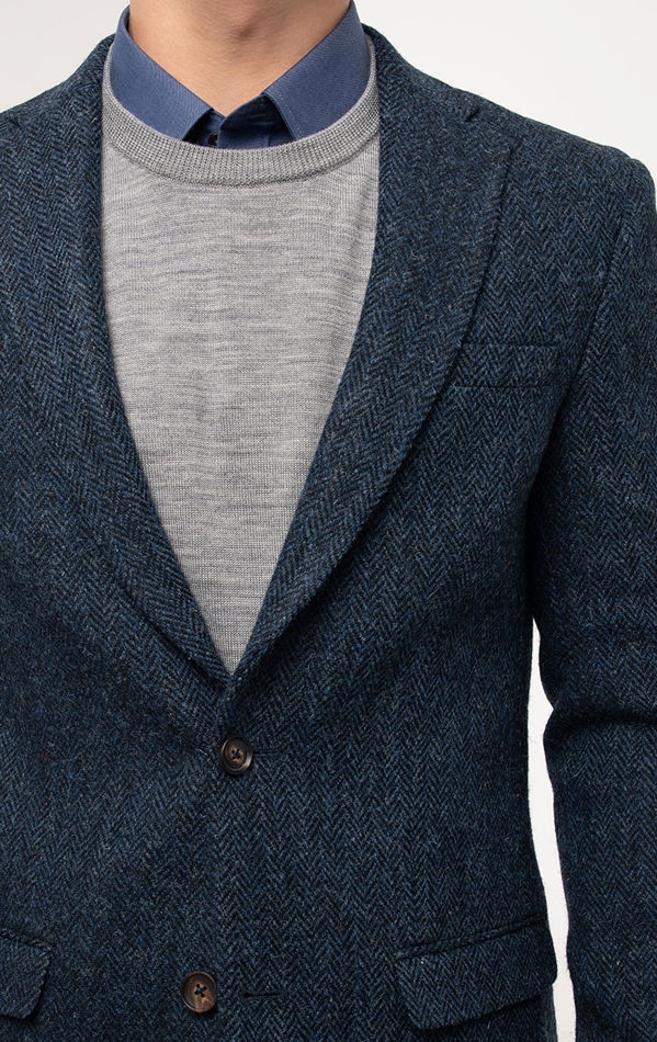 Men's Harris Tweed Car Coat in Blue Herringbone