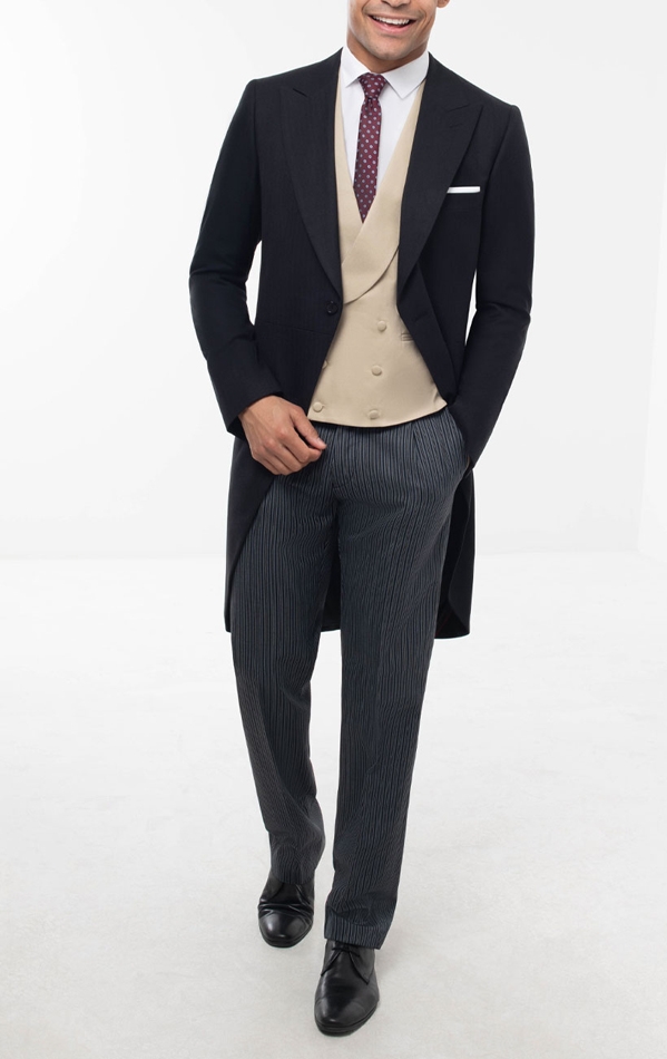 Dobell Black Herringbone Morning Suit with Striped Pants | Dobell