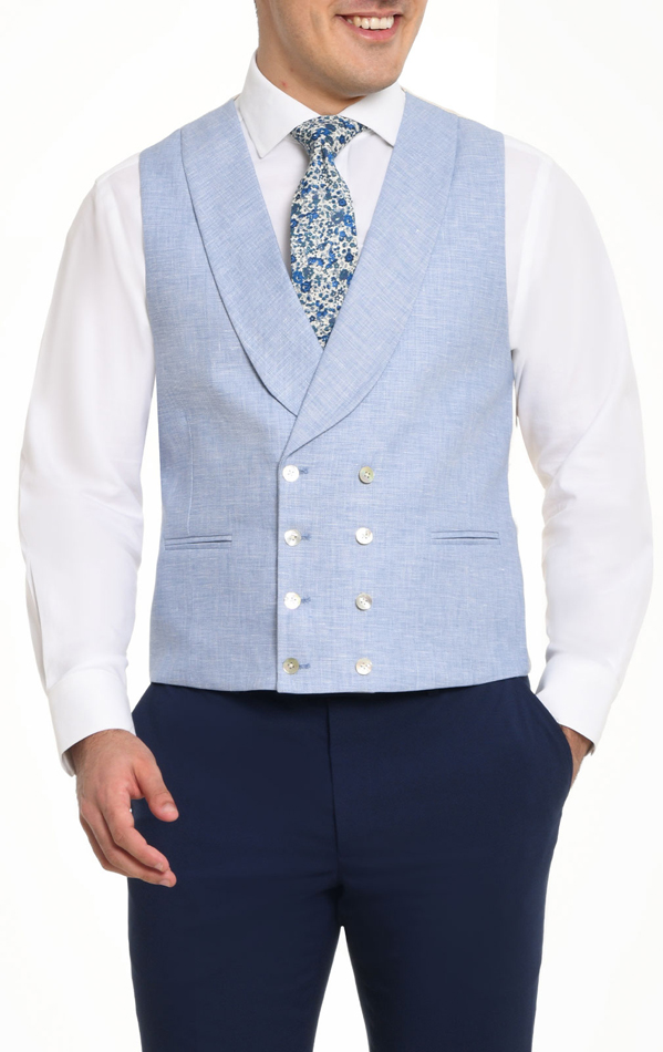 Dobell Light Blue Linen Double Breasted Shawl Lapel Morning Suit Vest